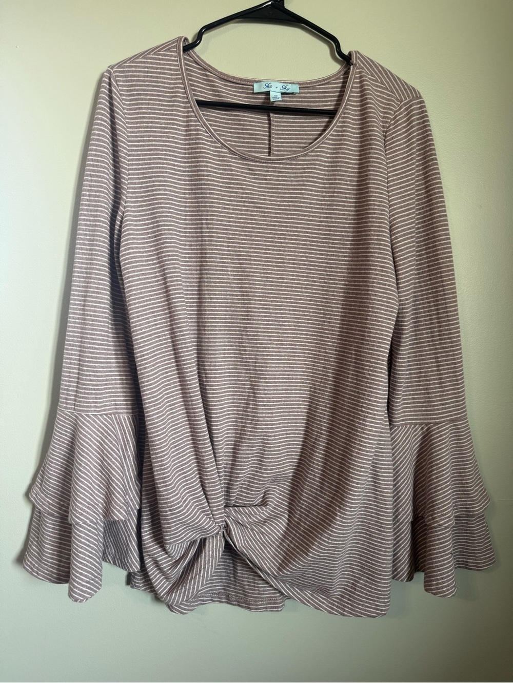 She + Sky Taupe Striped Long Sleeve Top